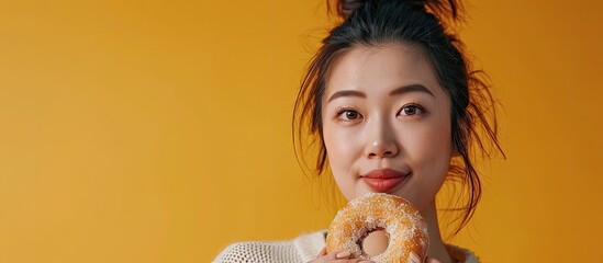 A beautiful asian woman food blogger or vlogger showing a piece of donut while recording a video on...
