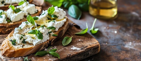Home made bread on a wooden cutting board with curd cheese and ricotta and herbs Decorated with green herbs. Copy space image. Place for adding text - obrazy, fototapety, plakaty