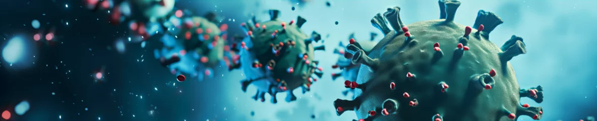 Fotobehang coronavirus 2019-ncov flu, covid-19 banner illustration, virus under microscope © Christopher