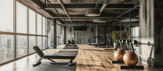 Fitness class exercising in the studio at the gym. Copy space image. Place for adding text