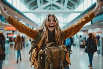 excited woman wears a backpack in the airport - obrazy, fototapety, plakaty