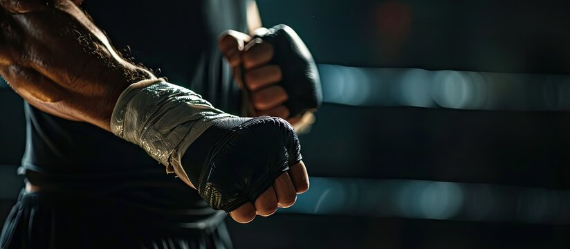 Anonymous male standing in dark room and wrapping palm thumb fingers one after another with care to protect from tearing joints during boxing training in gym. Copy space image. Place for adding text