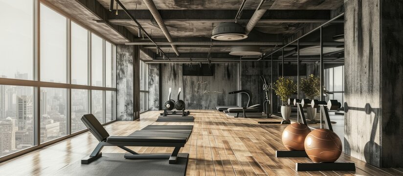 Fitness class exercising in the studio at the gym. Copy space image. Place for adding text