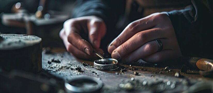 goldsmith jeweler polishes and sands a silver ring with a metal file. Copy space image. Place for adding text