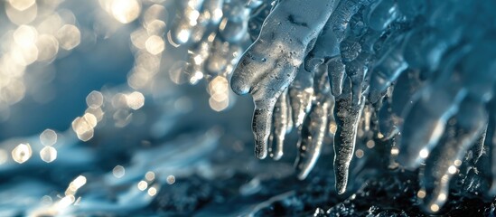 Car side mirror covered with ice and icicles close up. Copy space image. Place for adding text - obrazy, fototapety, plakaty