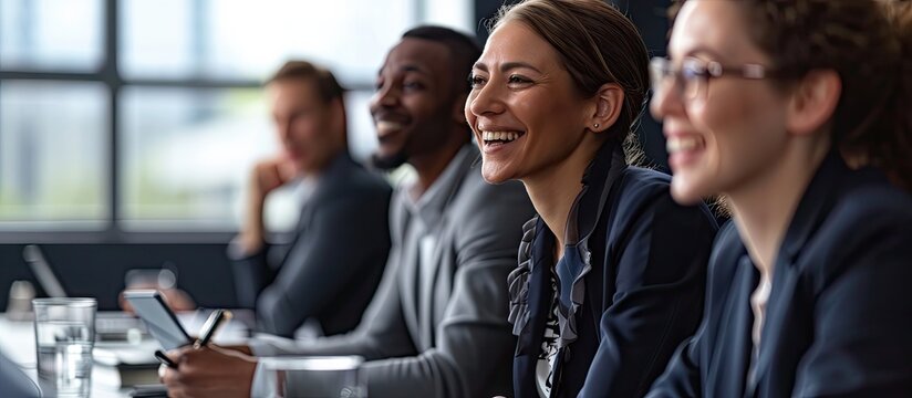 Group of multi ethnic executives discussing during a meeting Business man and woman sitting around table at office and smiling. Copy space image. Place for adding text