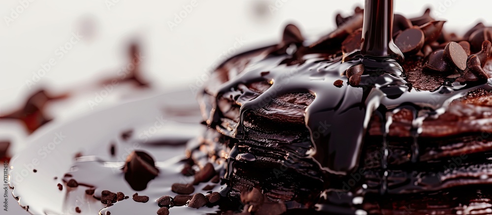 Poster chocolate pancakes with chocolate sauce. copy space image. place for adding text