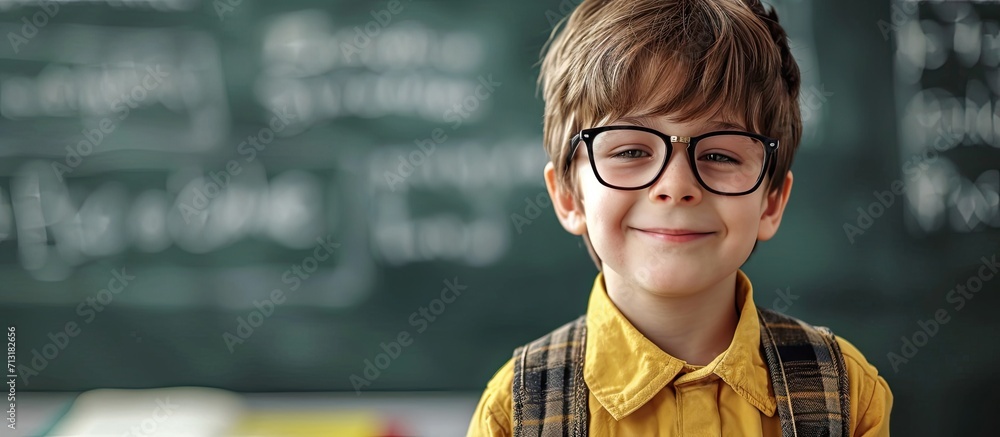 Poster happy kind teacher is helping a boy in elementary school lessons. copy space image. place for adding
