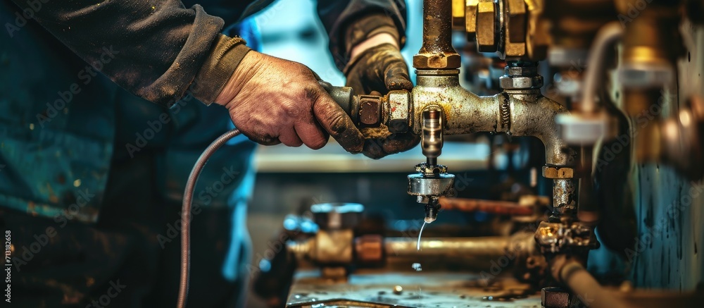 Poster professional plumber connects the high pressure hose with a wrench to the brass fittings working env