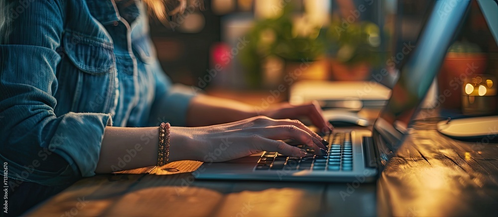 Poster woman sitting at desk and working at computer hands close up. copy space image. place for adding tex