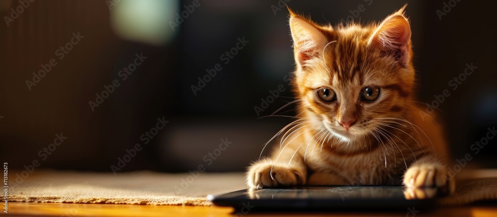 Poster little red kitten looking in the tablet. copy space image. place for adding text