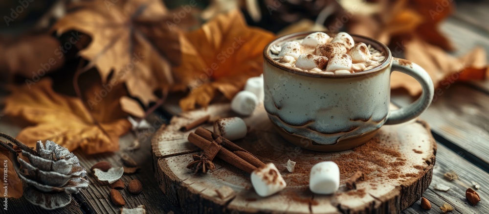 Poster hot cocoa drink with marshmallows and cinnamon in a mug on a wooden board with autumn leaves. copy s
