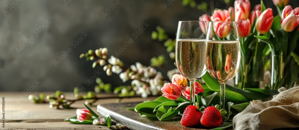 Poster spring still life with champagne wine strawberries and tulips. copy space image. place for adding te
