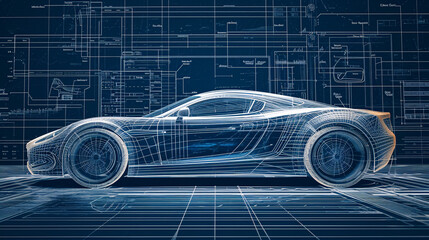 Blueprint design of an abstract car, embodiment of a thought