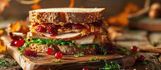 Homemade leftover thanksgiving day sandwich with turkey cranberry sauce and vegetables Dark rustic style. Copy space image. Place for adding text