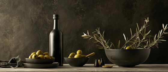 Bottle mock up for advertising and presentation of organic and fresh olive oil, cozy environment