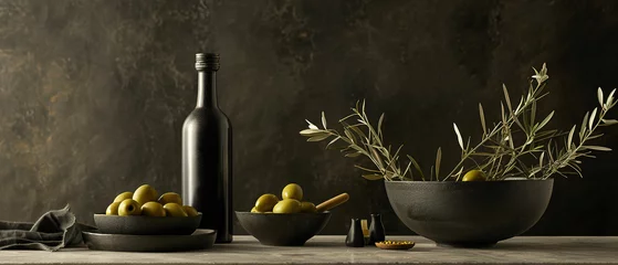 Fototapeten Bottle mock up for advertising and presentation of organic and fresh olive oil, cozy environment © IonelV