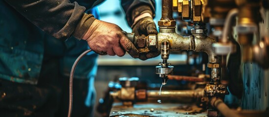 Professional plumber connects the high pressure hose with a wrench to the brass fittings Working environment in workshop during the connection of the gas installation. Copy space image - obrazy, fototapety, plakaty