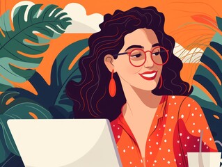 Illustration of joyful nice woman using laptop. Beautiful Businesswoman typing on laptop.