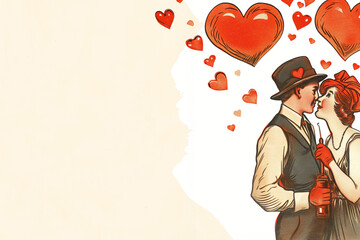 Fototapeta na wymiar Vintage Valentine Card: Romantic Couple Sharing a Kiss Amongst Hearts with Copyspace