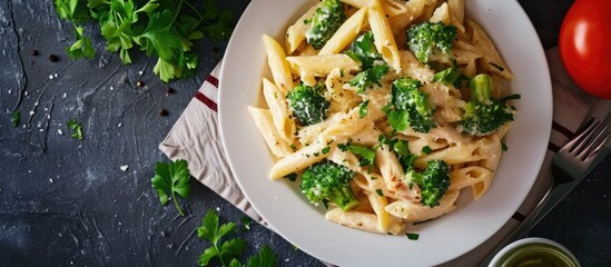 Homemade Penne Alfredo Pasta with Chicken and Broccoli on a Plate top view Flat lay overhead from above. Copy space image. Place for adding text