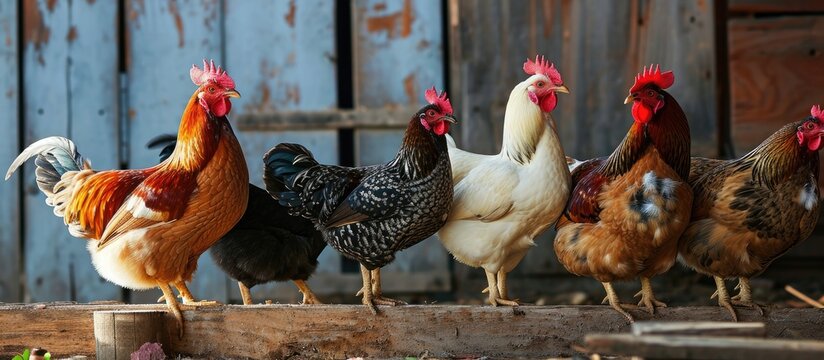 Birds brima respect curiosity of chickens. Copy space image. Place for adding text