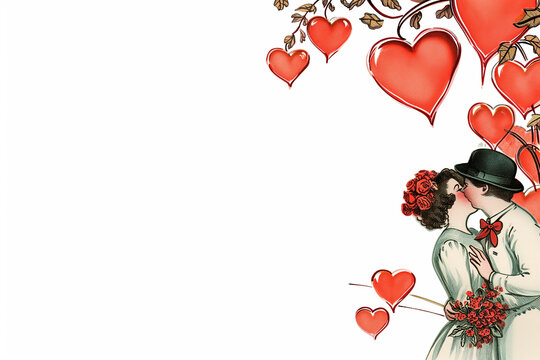 Nostalgic Romance: Vintage Couple Kissing Amongst Heart-Shaped Balloons and Roses