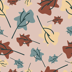 Seamless vector pattern with autumn leaves on light pink background. Simple seasonal wallpaper design. Decorative colourful forest fashion textile.