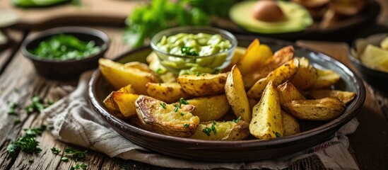Trendy comfort snack crispy roasted crushed potatoes on a round plate with creamy avocado and garlic dip on a beige colored table cloth. Copy space image. Place for adding text - obrazy, fototapety, plakaty