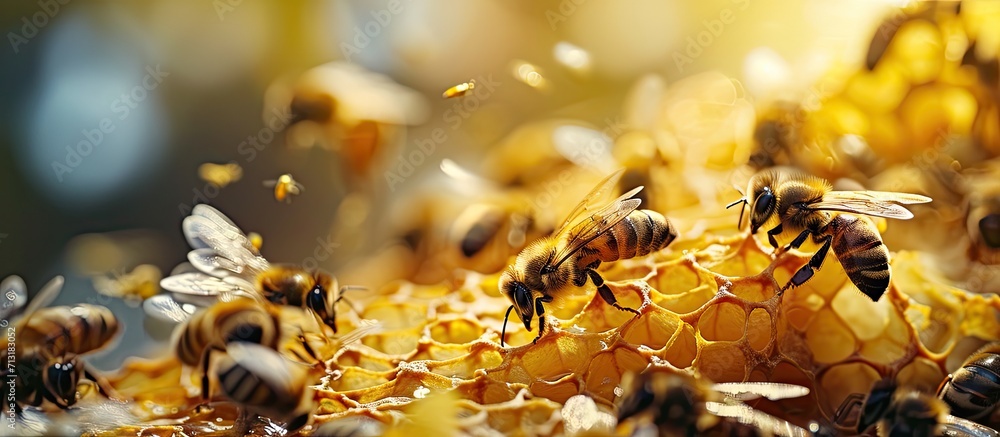 Poster a queen bee cup with royal jelly in the wax comb of the honey bee apis mellifera. copy space image. 