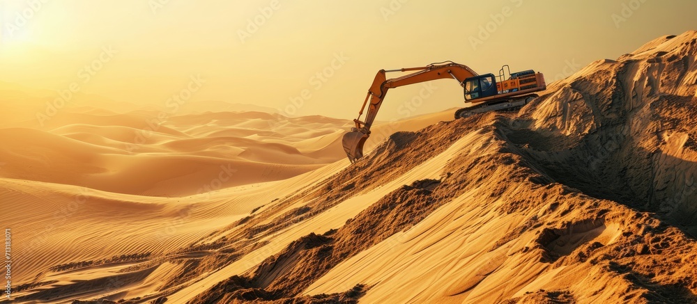 Poster excavator working on sand dunes. copy space image. place for adding text