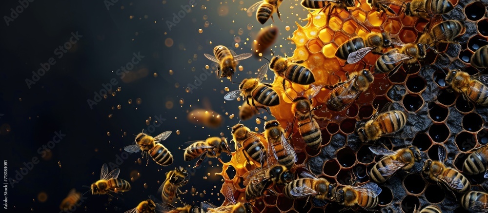 Poster close up honeycomb beehive nectar bee golden yellow. copy space image. place for adding text