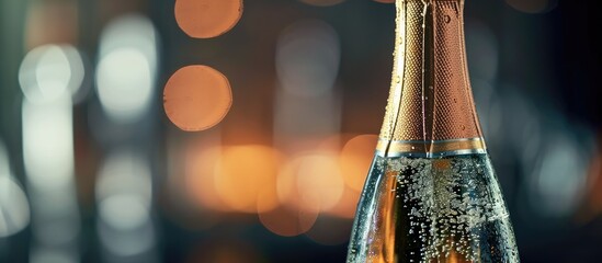 A bottle of champagne in a ice bucket. Copy space image. Place for adding text