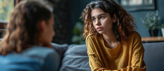 Young woman victim of domestic violence or robbery or mobbing at work talks to an expert psychotherapist for therapy in a comfortable apartment Psychologist discuss mental problems trauma after - obrazy, fototapety, plakaty