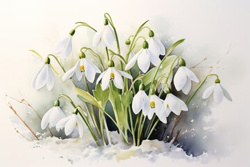 White snowdrops on a light background in the style of watercolor painting