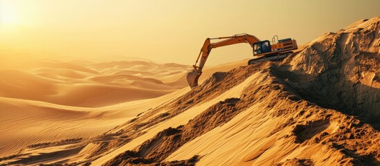 excavator working on sand dunes. Copy space image. Place for adding text - obrazy, fototapety, plakaty
