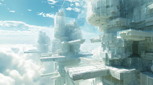 an illustration sketch of a future city concept, modular cubism buildings in city up above sky. Futuristic architecture structure. Floating city