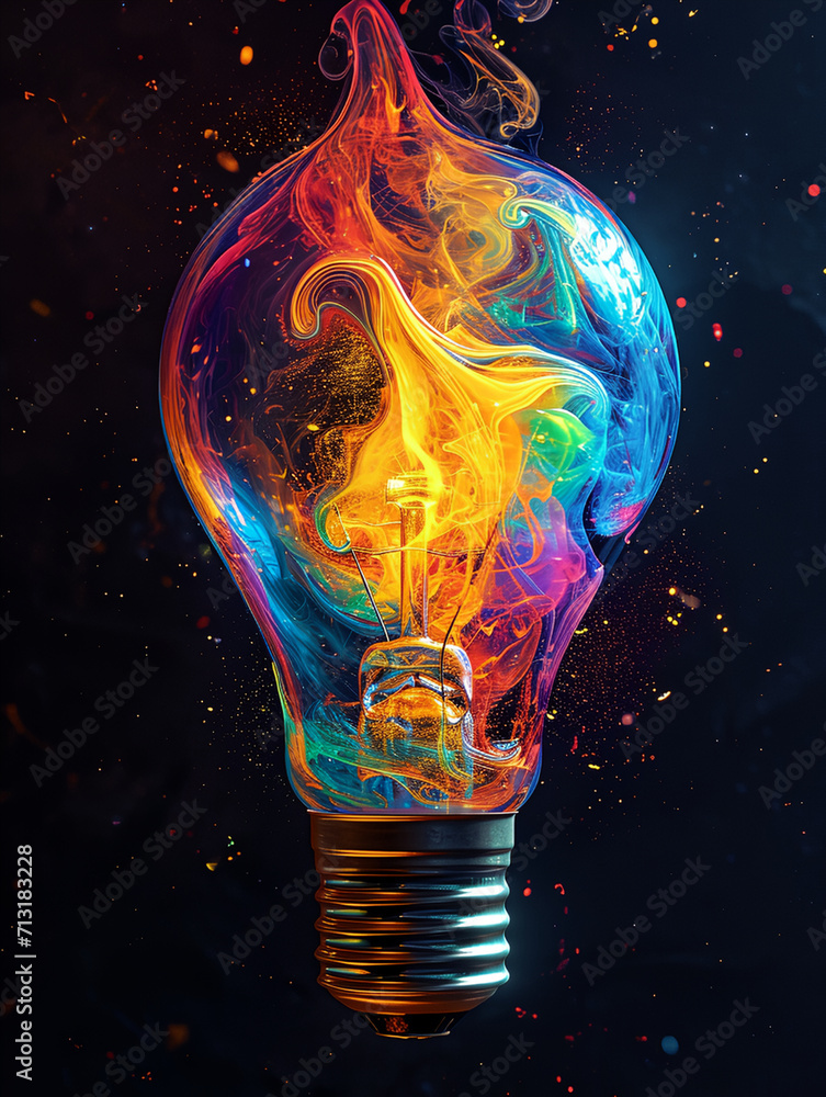 Poster a light bulb with vivid rainbow color pulse energy surround. smooth colorful smoke liquid splash and