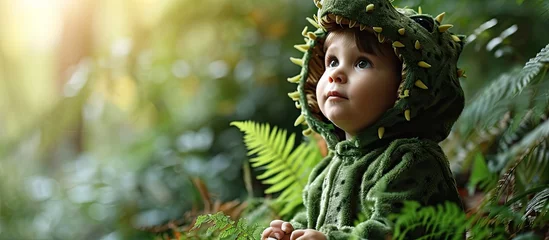 Fotobehang Adorable little boy in a crocodile suit. Copy space image. Place for adding text © Ilgun