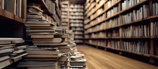 Obraz premium Piles of paper on the shelves. Copy space image. Place for adding text