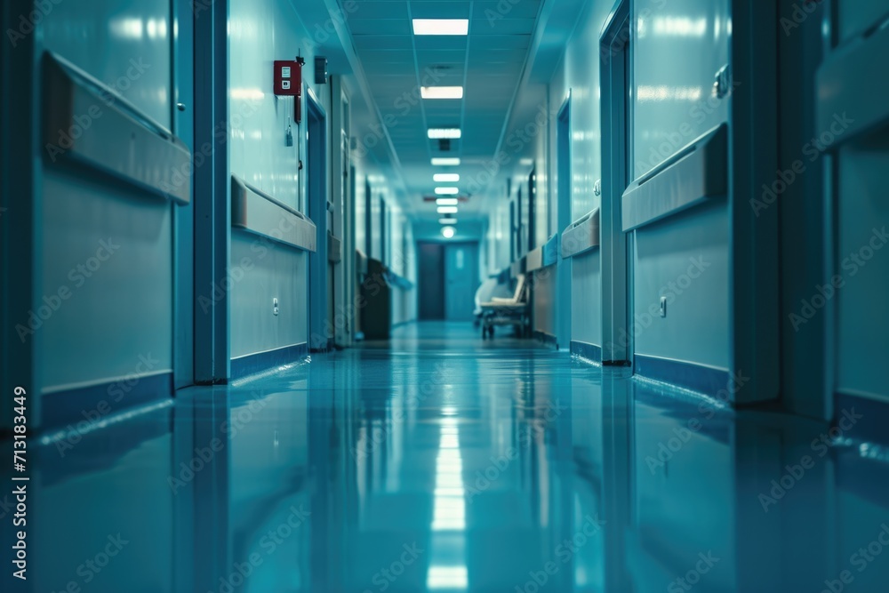 Poster a long hallway with a bench in the middle. suitable for interior design or architectural concepts