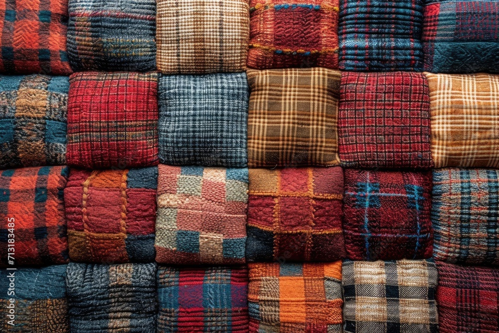 Poster a vibrant assortment of plaid fabrics in various colors piled together in a harmonious display of pa
