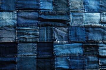 patchwork fabric in shades of blue reveals intricate patterns and textures that captivate the eye