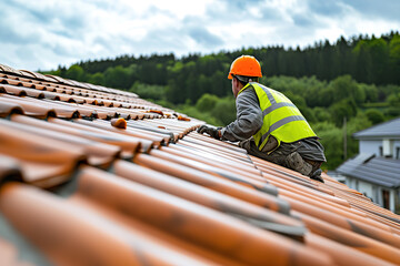 Engineer workers install new roof, roofing tools, electric drill, use on new roof with roof house construction idea.