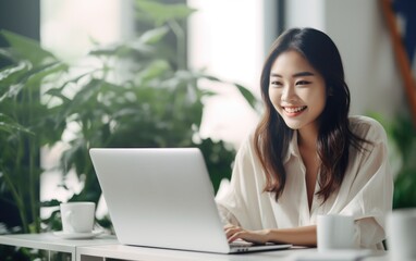 Photo of joyful nice woman using laptop. Beautiful Businesswoman typing on laptop.