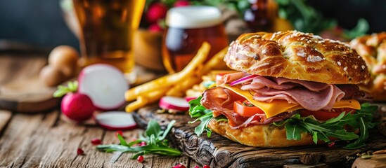 Oktoberfest pretzel bagel sandwich Oktoberfest day breakfast burger recipe for holiday beer party Big pretzel with ham cheese fresh vegetables with radish beer checkered tablecloth copy space