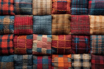 A vibrant assortment of plaid fabrics in various colors piled together in a harmonious display of patterns and textures
