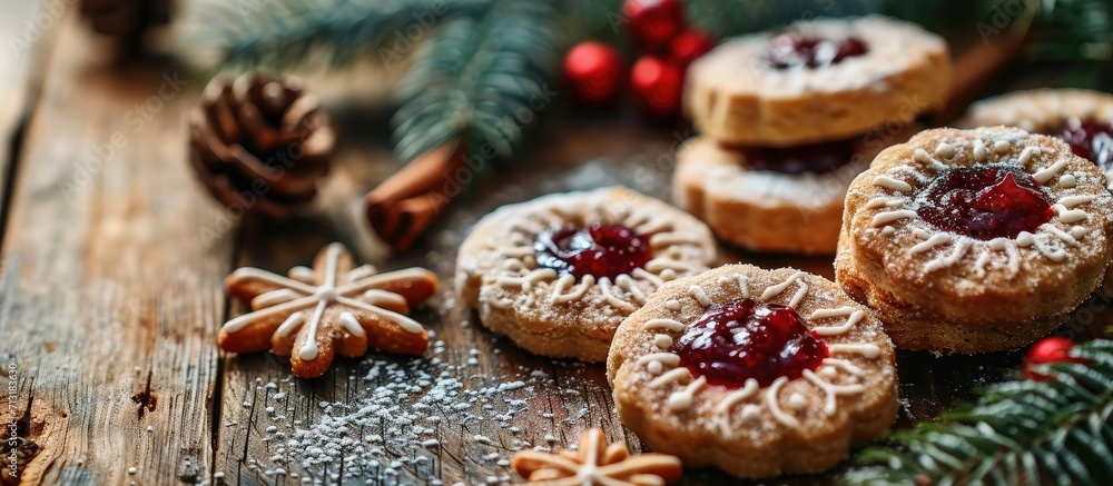 Poster plate with christmas or new year shortcrust cookies with red jam traditional festive austrian cookie