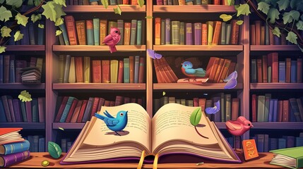 Open Book against the background of a shelf with books accompanied by colorful friendly birds. - Powered by Adobe