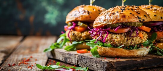 veggie burgers with quinoa broccoli cauliflower served with salad plant based food space for text. Copy space image. Place for adding text